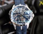 Copy Roger Dubuis Excalibur 46 Black and Blue Skeleton Dial Blue Rubber Strap Watch